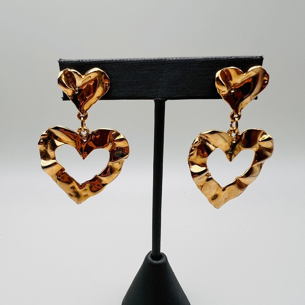 Gold Tone Hammered Double Heart Dangle Drop Earrings Post Back Statement Jewelry